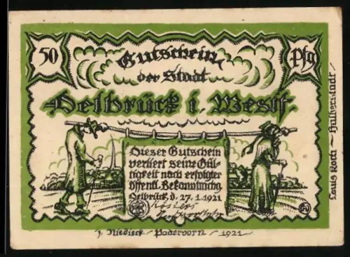 Notgeld Delbrück i. Westf. 1921, 50 Pf, Bauern mit Banner