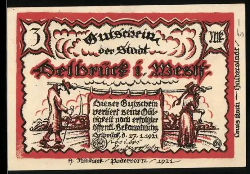 Notgeld Delbrück i. Westf. 1921, 3 Mark, Reiter mit Speer auf einem Pferd