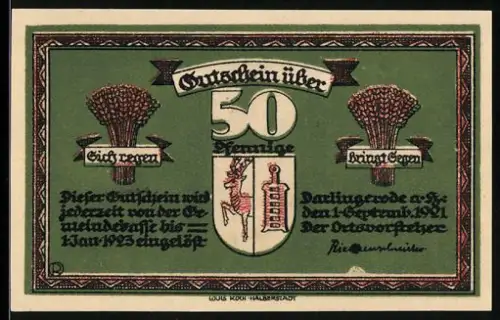 Notgeld Darlingerode a. H. 1921, 50 Pfennig, Hirschfamilie in Waldlandschaft