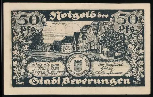 Notgeld Beverungen 1921, 50 Pf, Ortsansicht und Kartenspieler in Kneipe