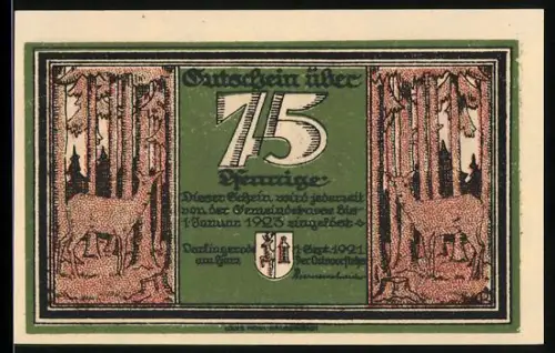 Notgeld Darlingerode a. H. 1921, 75 Pfennig, Rehe im Wald und Dorfszene mit Pfad und Zäunen