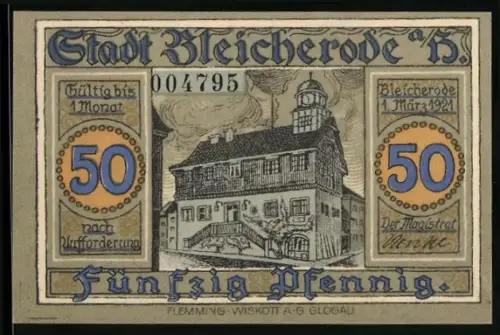 Notgeld Bleicherode a. H. 1921, 50 Pfennig, Rathaus, Weber und Bergbau-Motiv
