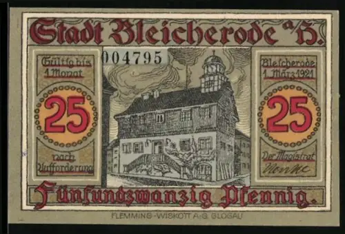 Notgeld Bleicherode a. H. 1921, 25 Pfennig, Rathaus, Weber am Webstuhl, Bergbau, Wappen mit Ritter