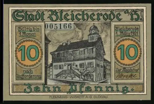 Notgeld Bleicherode a. H 1921, 10 Pfennig, Rathaus und Bergbau-Motiv mit Wappen