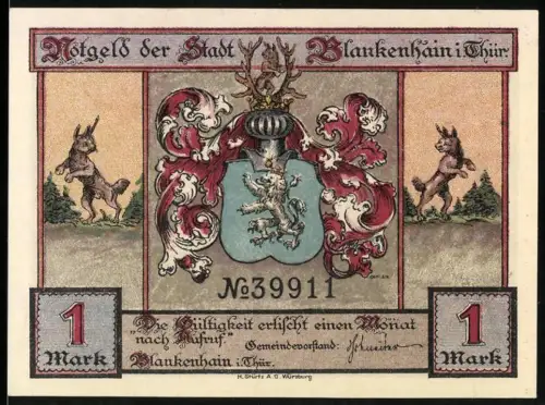 Notgeld Blankenhain i. Thür., 1 Mark, Wappen mit Tierfiguren und Jagdszene im Wald bei Mondschein