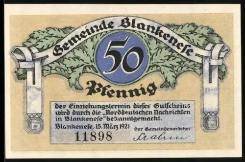 Notgeld Blankenese 1921, 50 Pfennig, Blankeneser Lotse mit plattdeutschem Text und Eichenlaubornament