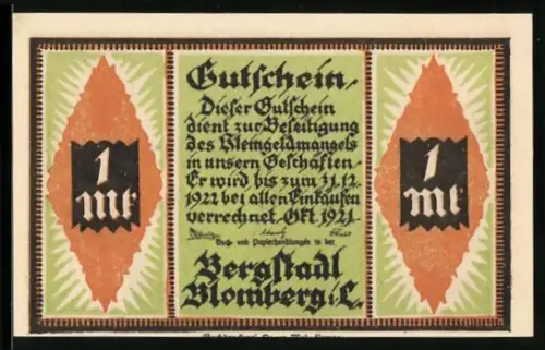 Notgeld Blomberg i. L. 1921, 1 Mark, Frau auf dem Scheiterhaufen