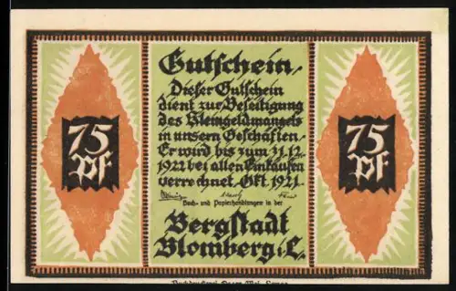 Notgeld Blomberg i. L. 1921, 75 Pf, Frau bei der Arbeit, Rautenmuster