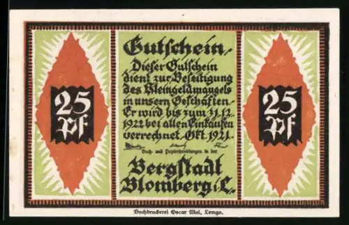 Notgeld Blomberg i. L. 1921, 25 Pf, Frau mit Beutel und Rautenmuster