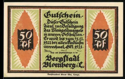 Notgeld Blomberg i. L. 1921, 50 Pfennig, Mönch mit Kelch und dekoratives Muster
