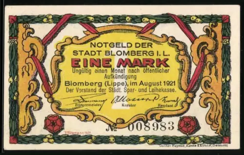 Notgeld Blomberg i. L. 1921, 1 Mark, Drei Wanderer im Wald und dekorativer Rahmen