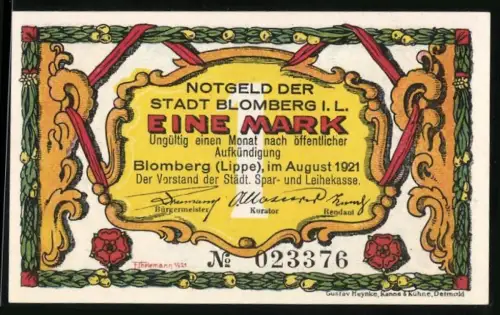 Notgeld Blomberg i. L. 1921, 1 Mark, Drei Wanderer im Wald und dekorative Umrandung