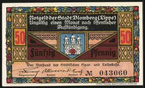 Notgeld Blomberg /Lippe, 50 Pfennig, Rathaus und Stadtwappen