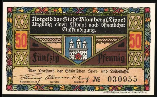 Notgeld Blomberg /Lippe, 50 Pfennig, Wappen und Burgtor mit Weinbergtor