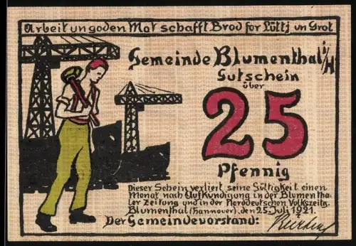 Notgeld Blumenthal /H. 1921, 25 Pfennig, Arbeiter mit Hammer