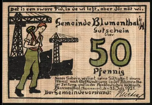 Notgeld Blumenthal i. H. 1921, 50 Pfennig, Arbeiter mit Hammer