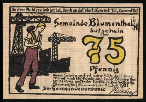 Notgeld Blumenthal 1921, 75 Pfennig, Arbeiter mit Hammer und Frau mit Spindel