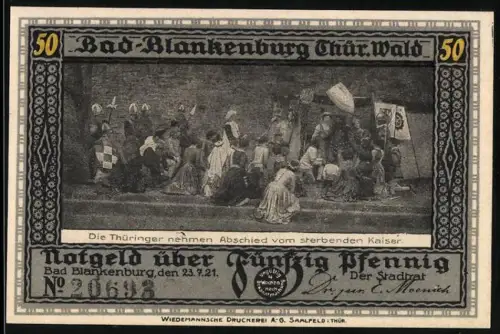 Notgeld Bad Blankenburg /Thür. Wald 1921, 50 Pfennig, Abschied vom Kaiser, Burg Greifenstein mit Ritter