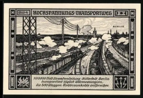 Notgeld Bitterfeld 1921, 75 Pf, Hochspannungsleitung und allegorische Figur auf Maschinen