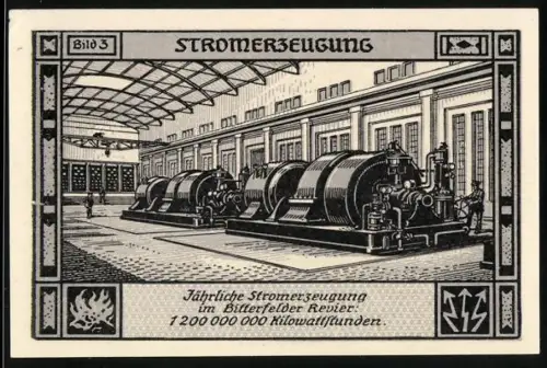 Notgeld Bitterfeld 1921, 75 Pfennig, Stromerzeugung und allegorische Figur der Elektrizität