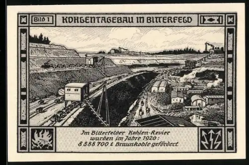 Notgeld Bitterfeld 1921, 75 Pf, Kohletagebau und allegorische Figur auf Maschinen