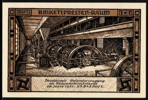 Notgeld Bitterfeld 1921, 50 Pfennig, Brikettpressen-Raum und allegorische Figur mit Fanfare
