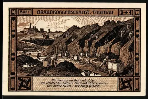 Notgeld Bitterfeld 1921, 50 Pf, Braunkohlentagebau und allegorische Figuren