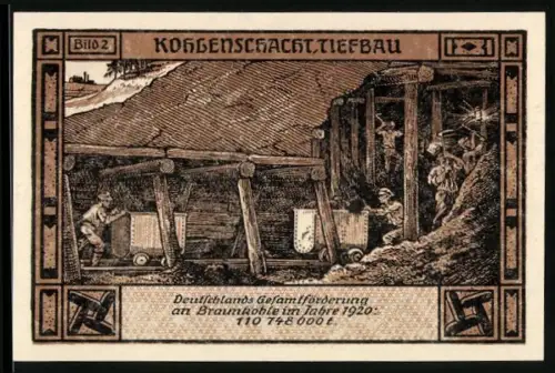 Notgeld Bitterfeld 1921, 50 Pf, Bergbau und allegorische Figur mit Horn in Landschaft