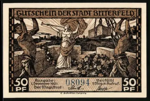 Notgeld Bitterfeld 1921, 50 Pf, Allegorie mit Fanfare, Hausbrand und Kleingewerbe
