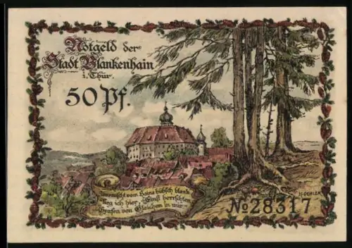 Notgeld Blankenhain i. Thür, 50 Pf, Schloss und Töpferkunst, Wappen mit Krone und Löwen
