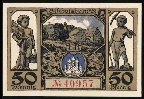 Notgeld Bischofsheim /Rh., 50 Pfennig, Landschaft mit Gebäuden und Figuren, Wappen