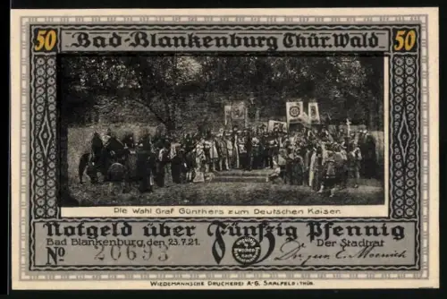 Notgeld Bad Blankenburg /Thür. Wald 1921, 50 Pfennig, Wahl Graf Günthers und Burg Greifenstein