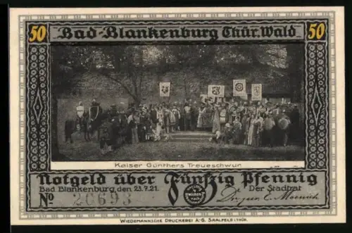 Notgeld Bad Blankenburg /Thür. Wald 1921, 50 Pfennig, Kaiser Günthers Treueschwur und Burg Greifenstein