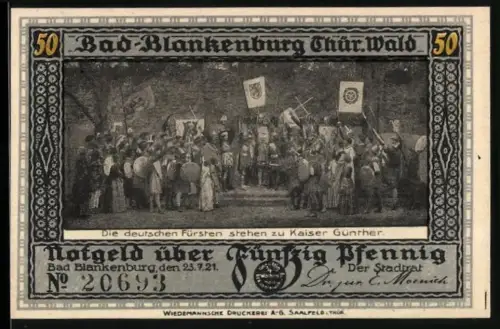 Notgeld Bad Blankenburg /Thür. Wald 1921, 50 Pfennig, deutsche Fürsten und Burg Greifenstein mit Ritter
