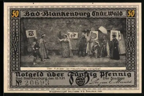 Notgeld Bad Blankenburg /Thür. Wald 1921, 50 Pfennig, historische Szene und Ritter vor Burg Greifenstein