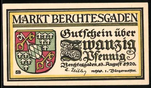 Notgeld Berchtesgaden 1920, 20 Pfennig, Wappen und Berglandschaft mit Spruch
