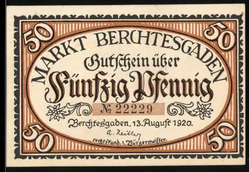 Notgeld Berchtesgaden 1920, 50 Pfennig, Ortsansicht mit Landschaft und Kirchen