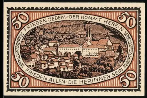 Notgeld Berchtesgaden 1920, 50 Pfennig, Ortsansicht mit Friedensbotschaft