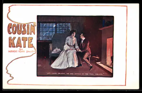 AK Plakat für Theaterstück Cousin Kate von Herbert Henry Davies, Mann spricht vor dem Kamin zu einer Frau