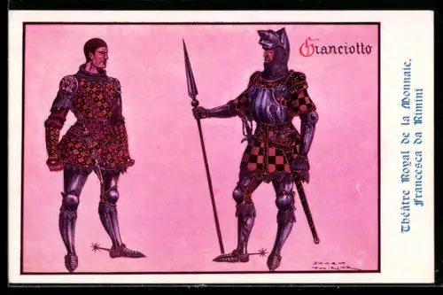 AK Brüssel, Plakat für Theaterstück Francesca da Rimini, Zwei Ritter stehen sich gegenüber