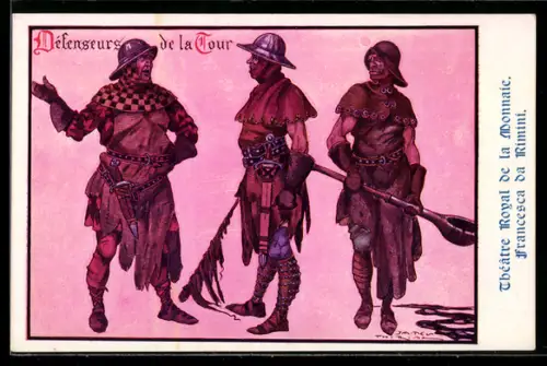 AK Brüssel, Plakat für Theaterstück Francesca da Rimini, Drei bewaffnete Soldaten