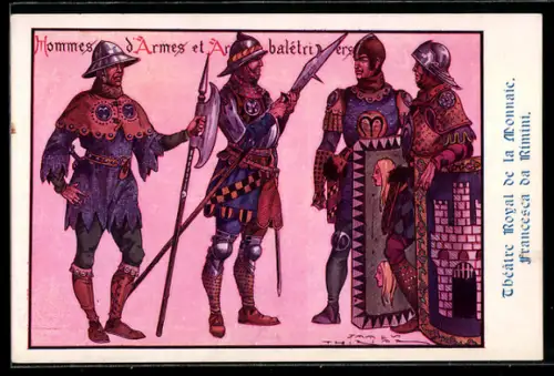 AK Brüssel, Plakat für Theaterstück Francesca da Rimini, Soldaten mit Schilden und Hellebarden