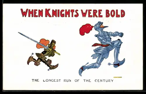 AK Plakat für Theaterstück When Knights were Bold, Ritter rennt vor kleinem Jungen in Rüstung weg