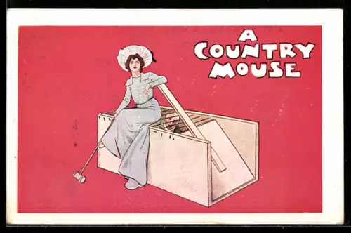 AK Plakat für Theaterstück A Country Mouse, hübsche Dame sitzt auf einem Käfig