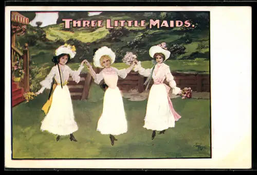 AK Plakat für Theaterstück Three Little Maids, Drei Frauen mit Blumen stehen auf einer Wiese