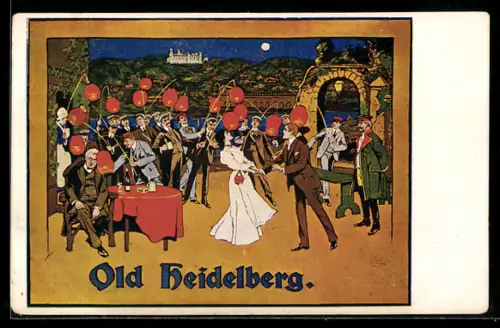 AK Plakat für Theaterstück Old Heidelberg, Verbindungsstudenten mit Laternen auf einer Feier
