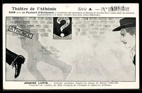 AK Plakat für Theaterstück Arsene Lupin, Mann mit Schnurrbart verfolgt eine Person