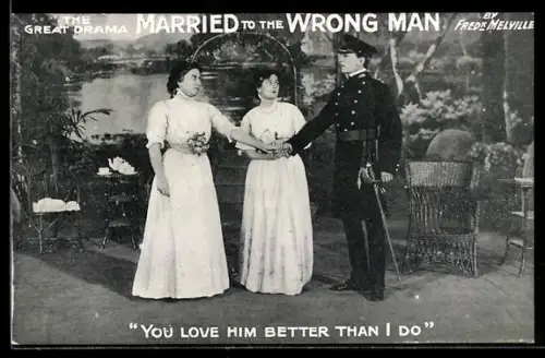 AK Plakat für Theaterstück Married to the Wrong Man von Fred Melville, Frau hält die Hand eines Soldaten in Uniform