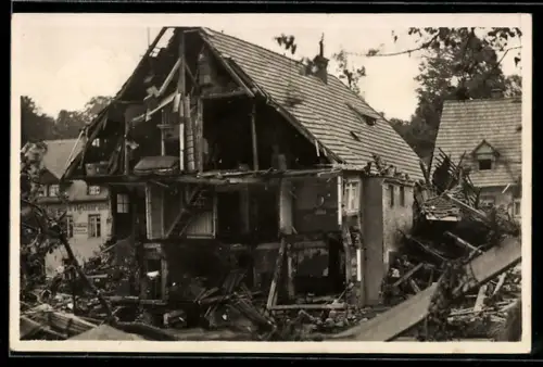 AK Berggiesshübel, Folgen der Hochwasserkatastrophe am 8. Juli 1927, zerstörtes Wohnhaus