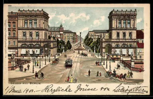 Lithographie Berlin-Kreuzberg, Hallesches Thor mit Strassenbahn